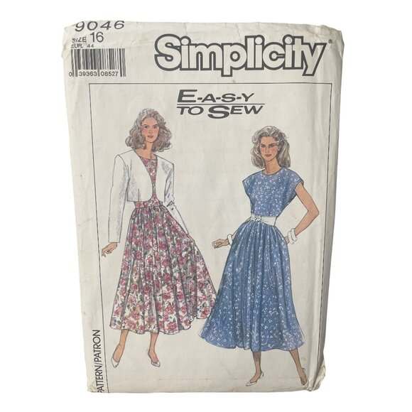 90s Simplicity 9046 Easy To Sew Sewing Pattern Size 16 Dress Bolero Jacket CUT - Picture 1 of 6